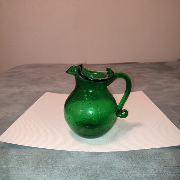 MCM Hand Blown Emerald Glass Art Pitcher Ice Blocker Vintage Green Handle - Picture 3 of 11